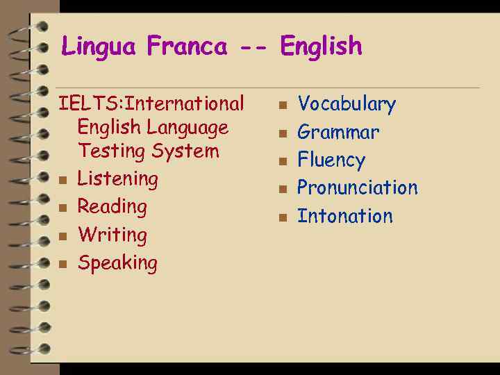 Lingua Franca -- English IELTS: International English Language Testing System n Listening n Reading