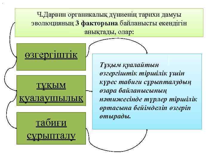 . Ч. Дарвин органикалық дүниенің тарихи дамуы эволюцияның 3 факторына байланысты екендігін анықтады, олар: