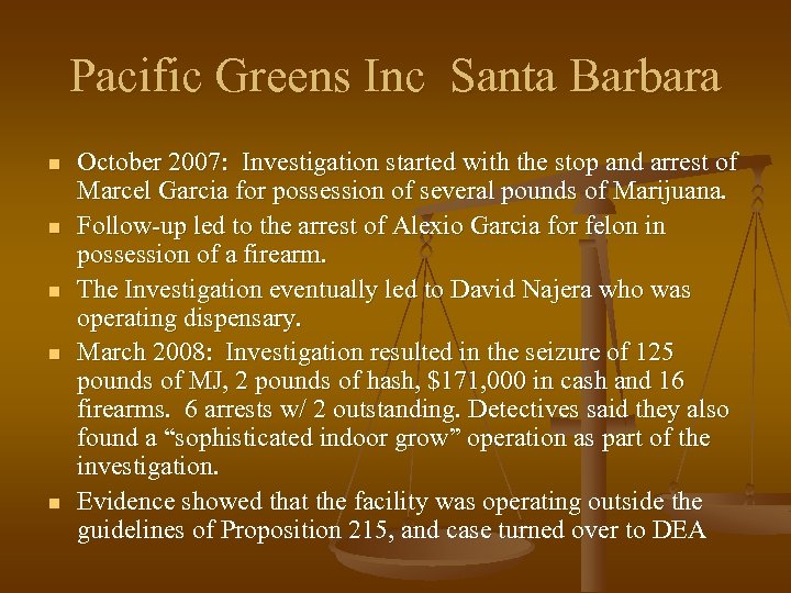 Pacific Greens Inc Santa Barbara n n n October 2007: Investigation started with the
