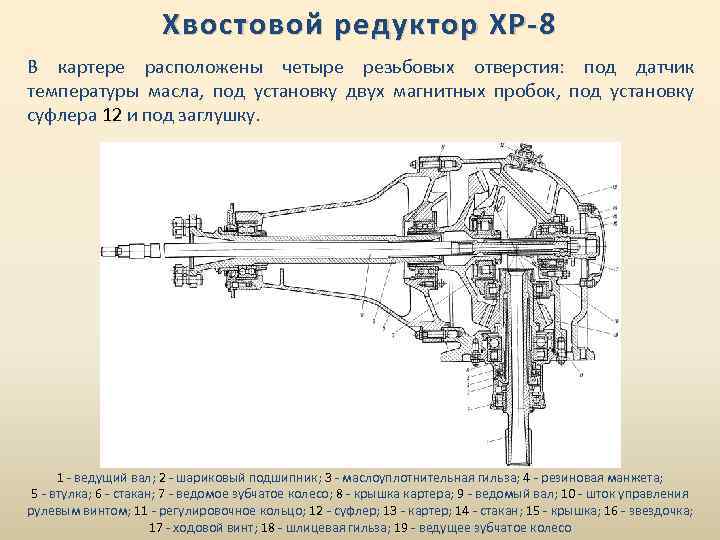 Хвостовой редуктор ХР-8 В картере расположены четыре резьбовых отверстия: под датчик температуры масла, под