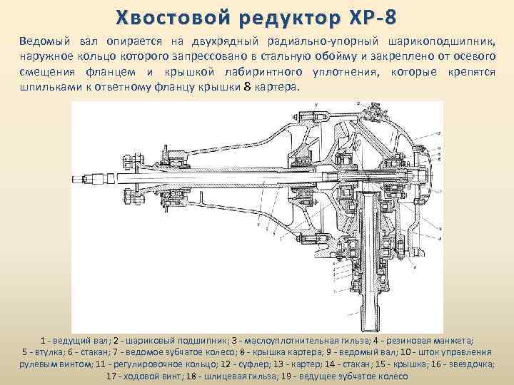 Хвостовой редуктор ХР-8 Ведомый вал опирается на двухрядный радиально-упорный шарикоподшипник, наружное кольцо которого запрессовано