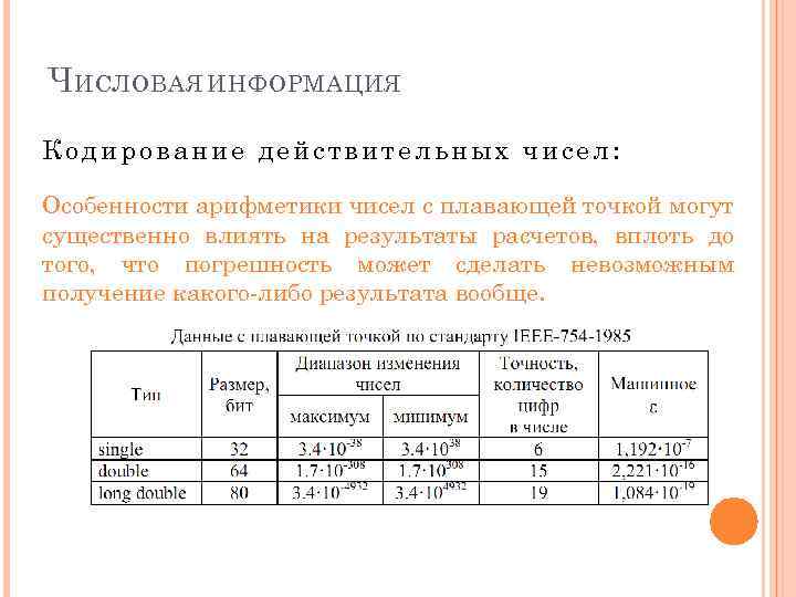 Ч ИСЛОВАЯ ИНФОРМАЦИЯ Кодирование действительных чисел: Особенности арифметики чисел с плавающей точкой могут существенно