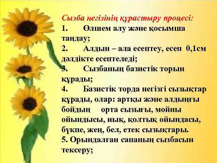 Сызба негізінің құрастыру процесі: 1. Өлшем алу және қосымша таңдау; 2. Алдын – ала