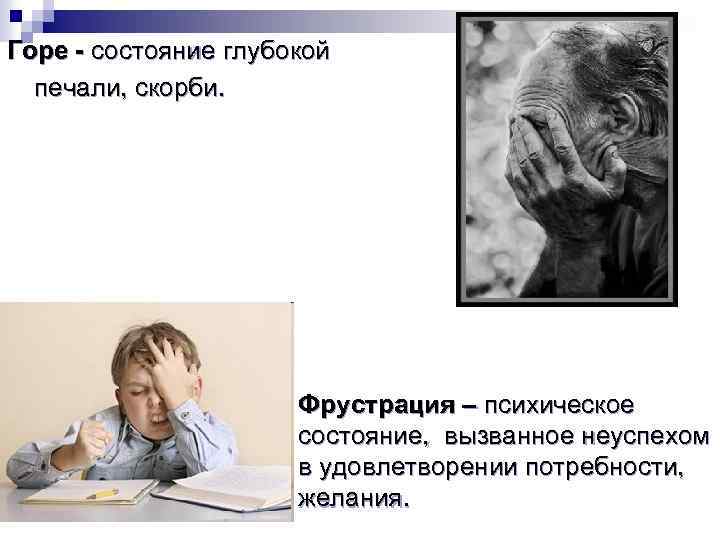 Горе - состояние глубокой печали, скорби. § Фрустрация – психическое состояние, вызванное неуспехом в