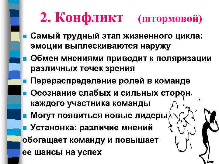 2. Конфликт (штормовой) Самый трудный этап жизненного цикла: эмоции выплескиваются наружу n Обмен мнениями