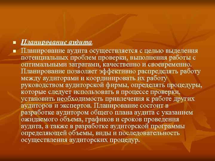 n n Планирование аудита осуществляется с целью выделения потенциальных проблем проверки, выполнения работы с