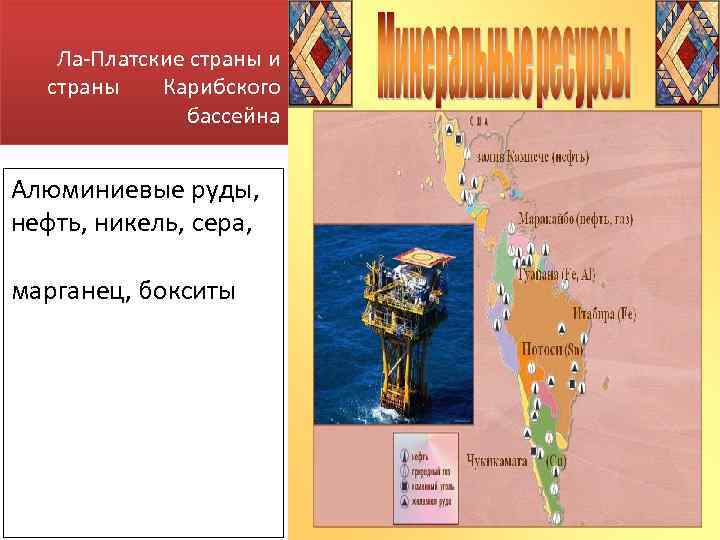 Ла-Платские страны и страны Карибского бассейна Алюминиевые руды, нефть, никель, сера, марганец, бокситы 
