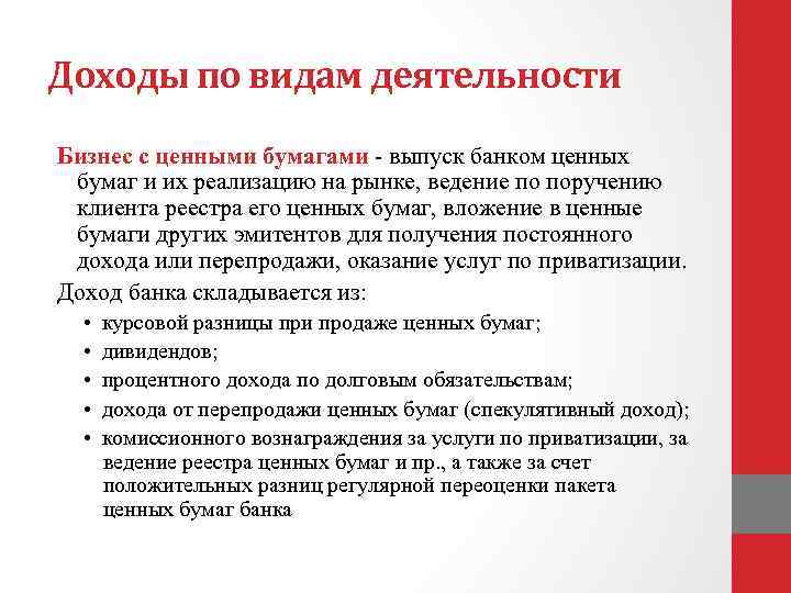 Доходы по видам деятельности Бизнес с ценными бумагами - выпуск банком ценных бумаг и