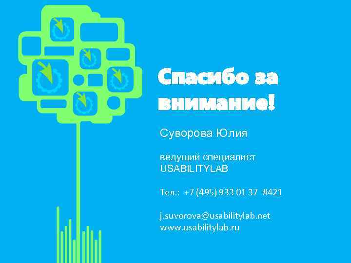 Спасибо за внимание! Суворова Юлия ведущий специалист USABILITYLAB Тел. : +7 (495) 933 01