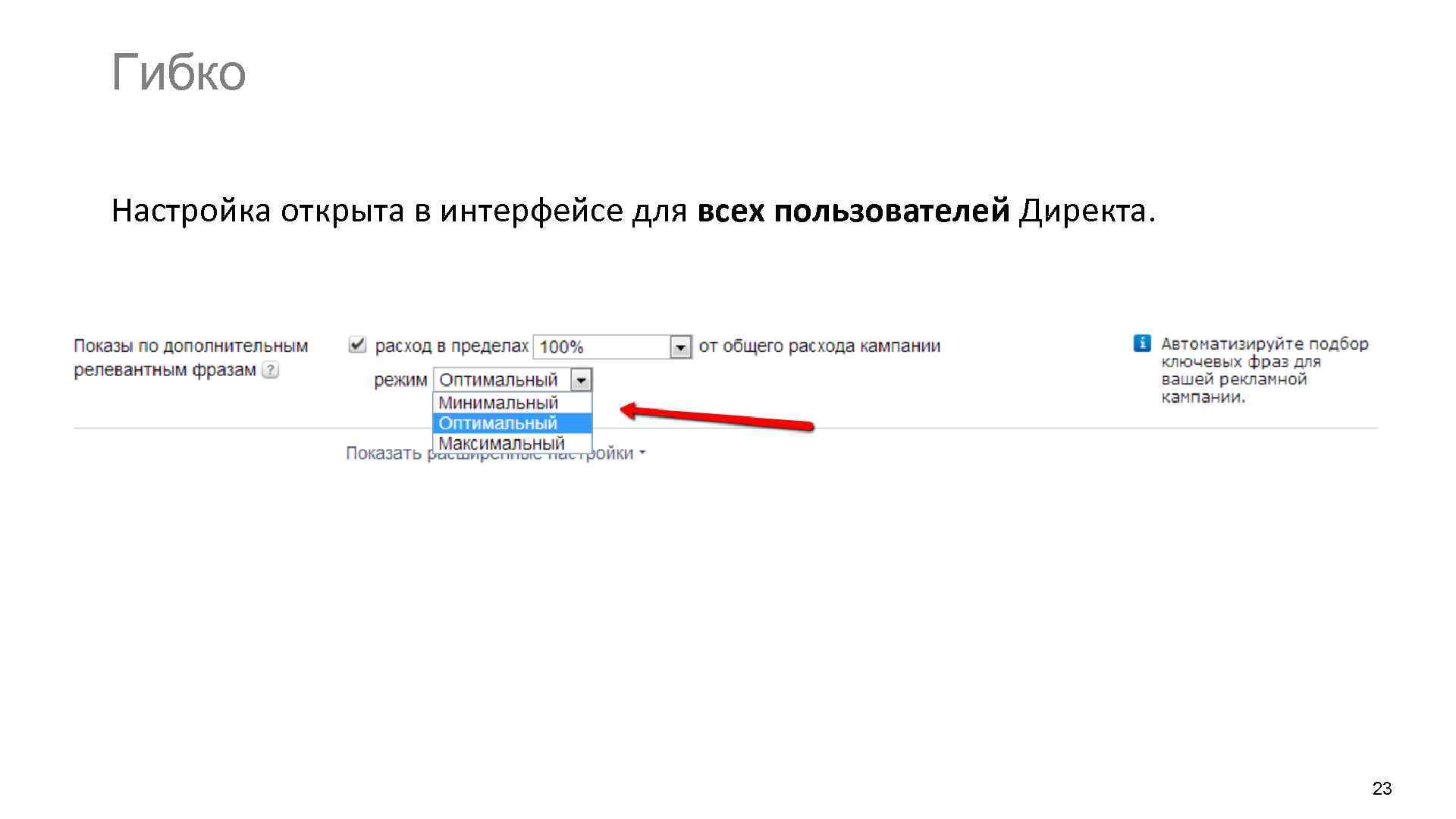 Гибко Настройка открыта в интерфейсе для всех пользователей Директа. 23 