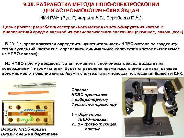 9. 20. РАЗРАБОТКА МЕТОДА НПВО-СПЕКТРОСКОПИИ ДЛЯ АСТРОБИОЛОГИЧЕСКИХ ЗАДАЧ ИКИ РАН (Рук. Григорьев А. В.