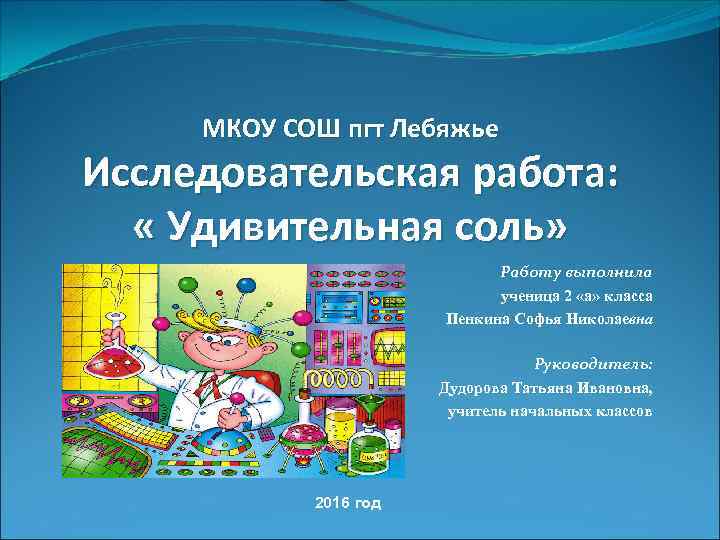 МКОУ СОШ пгт Лебяжье Исследовательская работа: « Удивительная соль» Работу выполнила ученица 2 «а»