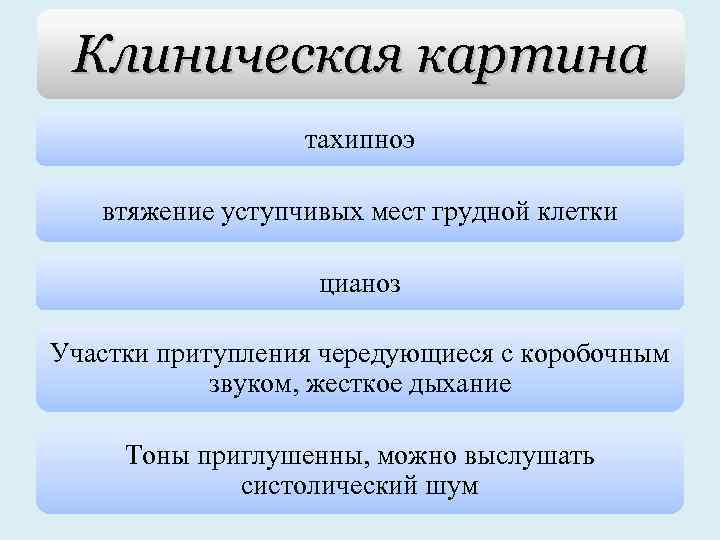 Клиническая картина тахипноэ втяжение уступчивых мест грудной клетки цианоз Участки притупления чередующиеся с коробочным