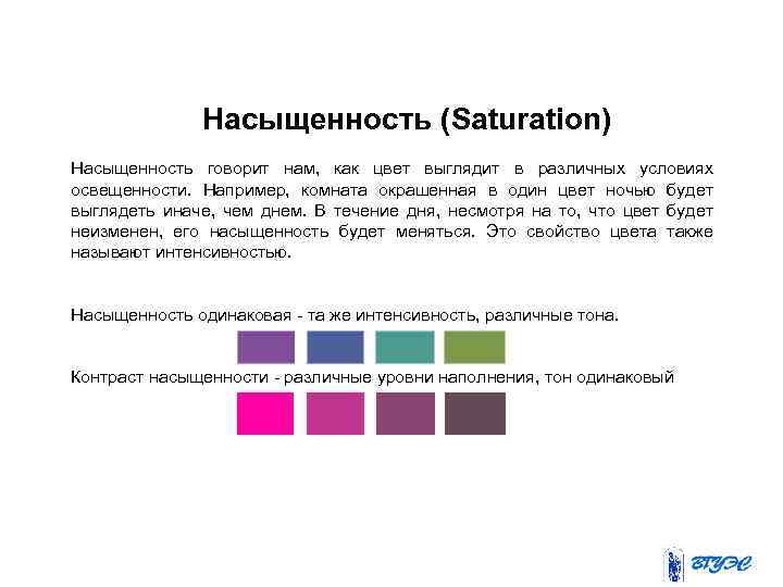 Насыщенность (Saturation) Насыщенность говорит нам, как цвет выглядит в различных условиях освещенности. Например, комната