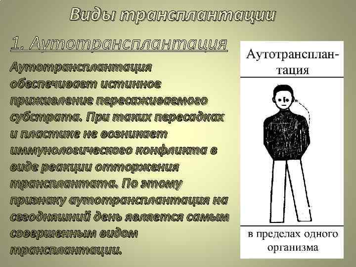 Виды трансплантации 1. Аутотрансплантация обеспечивает истинное приживление пересаживаемого субстрата. При таких пересадках и пластике