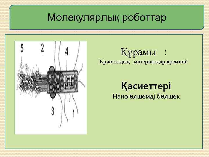 Молекулярлық роботтар Құрамы : Кристалдық материалдар, кремний Қасиеттері Нано өлшемді бөлшек 