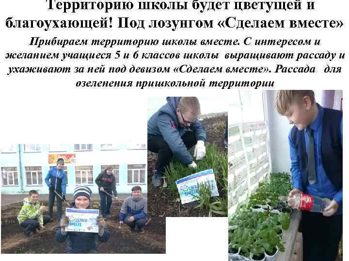 Территорию школы будет цветущей и благоухающей! Под лозунгом «Сделаем вместе» Прибираем территорию школы вместе.