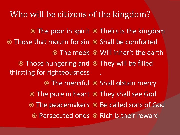 Who will be citizens of the kingdom? The poor in spirit Theirs is the