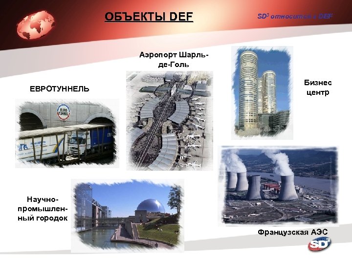 ОБЪЕКТЫ DEF SD 3 относится к DEF Аэропорт Шарльде-Голь ЕВРОТУННЕЛЬ Бизнес центр Научнопромышленный городок