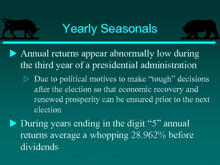 Yearly Seasonals u Annual returns appear abnormally low during the third year of a