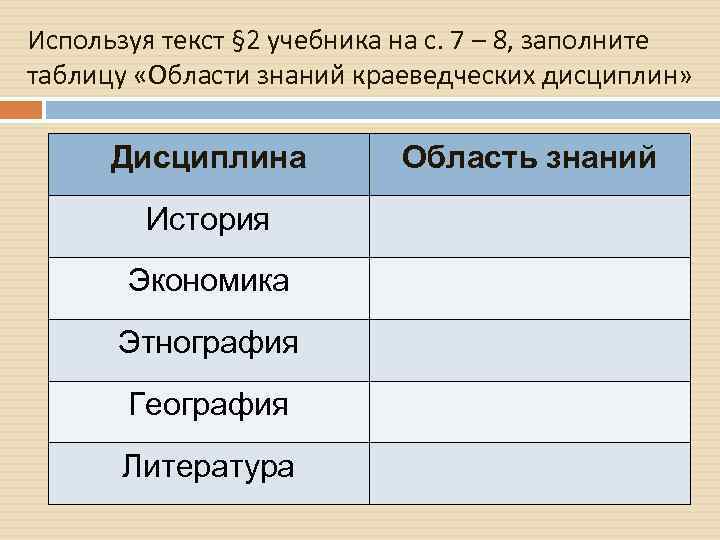 Используя текст § 2 учебника на с. 7 – 8, заполните таблицу «Области знаний