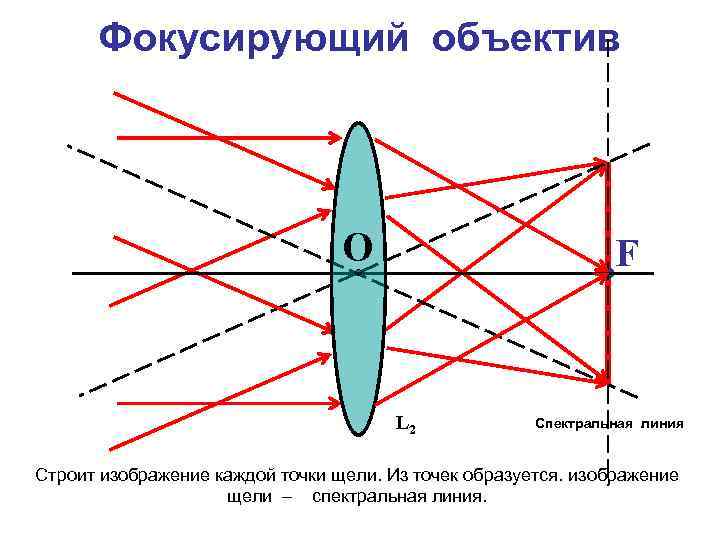 Фокусирующий объектив О F L 2 Спектральная линия Строит изображение каждой точки щели. Из