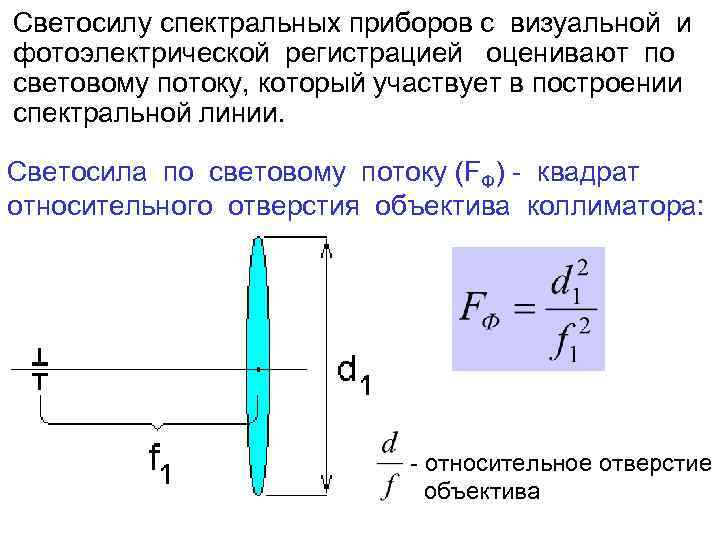 Светосилу спектральных приборов с визуальной и фотоэлектрической регистрацией оценивают по световому потоку, который участвует