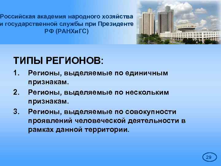 Российская академия народного хозяйства и государственной службы при Президенте РФ (РАНХи. ГС) ТИПЫ РЕГИОНОВ: