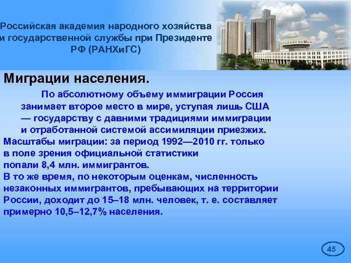 Российская академия народного хозяйства и государственной службы при Президенте РФ (РАНХи. ГС) Миграции населения.
