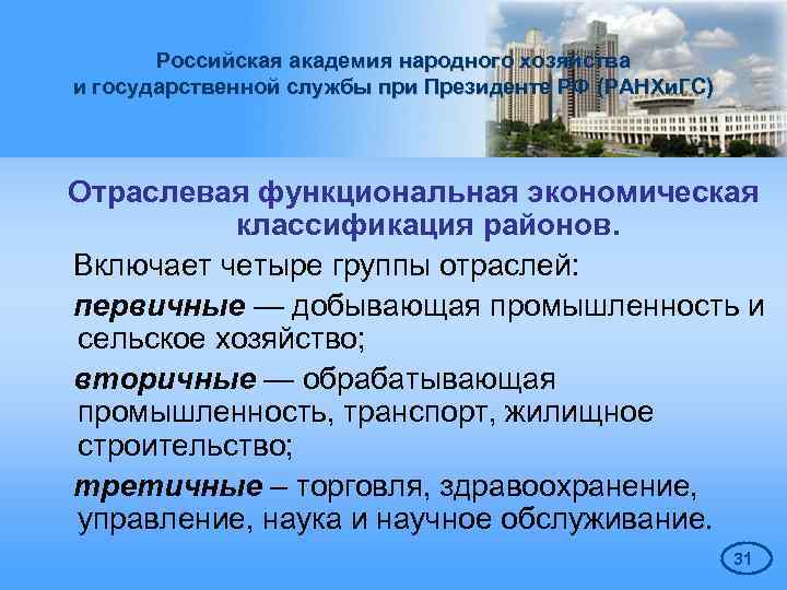 Российская академия народного хозяйства и государственной службы при Президенте РФ (РАНХи. ГС) Отраслевая функциональная