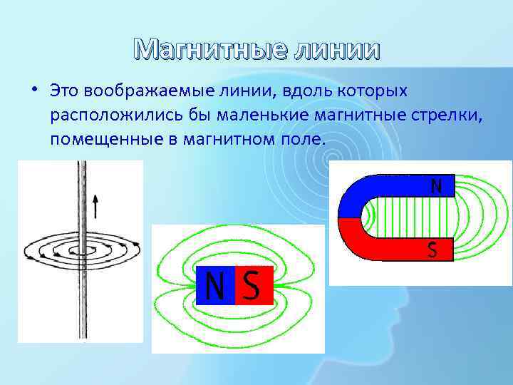 Магнитные линии • Это воображаемые линии, вдоль которых расположились бы маленькие магнитные стрелки, помещенные