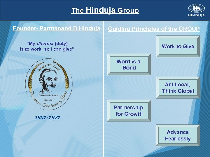 The Hinduja Group Founder- Parmanand D Hinduja Guiding Principles of the GROUP “My dharma