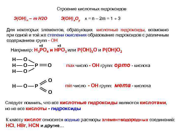 Строение кислотных гидроксидов Э(ОН)n – m H 2 O Э(ОН)x. Oy x = n