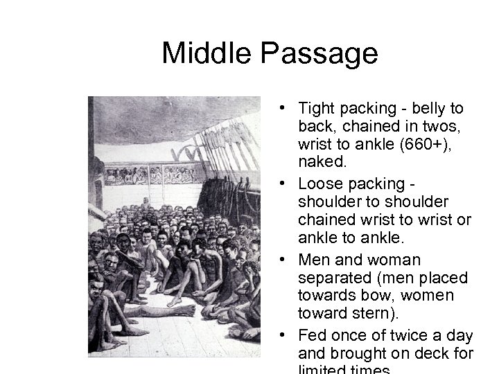 Middle Passage • Tight packing - belly to back, chained in twos, wrist to