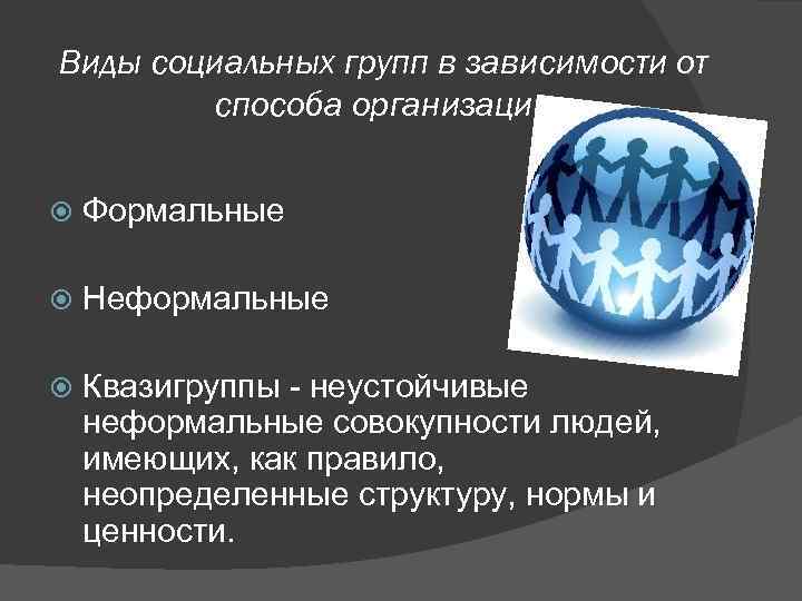 Виды социальных групп в зависимости от способа организации Формальные Неформальные Квазигруппы - неустойчивые неформальные