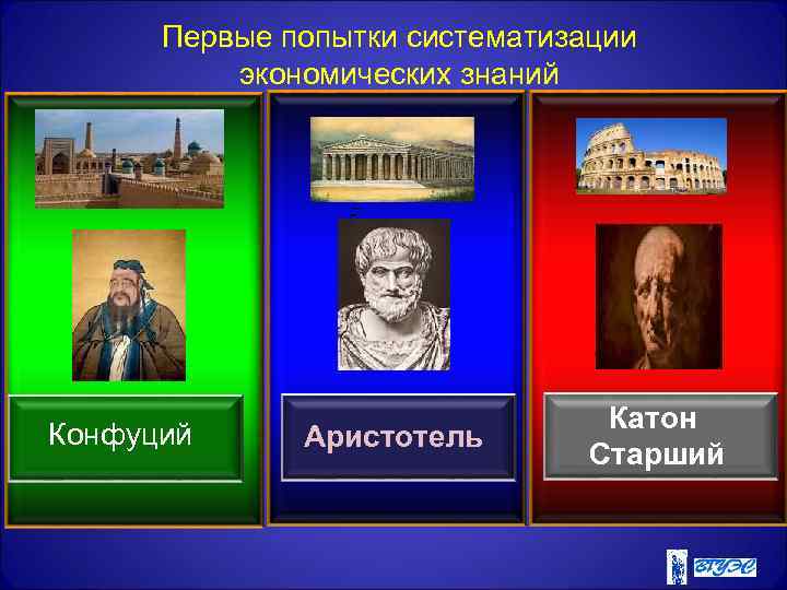 Первые попытки систематизации экономических знаний Конфуций Аристотель Катон Старший 