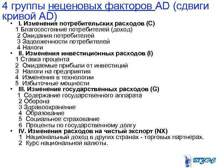 4 группы неценовых факторов AD (сдвиги кривой AD) • I. Изменения потребительских расходов (С)