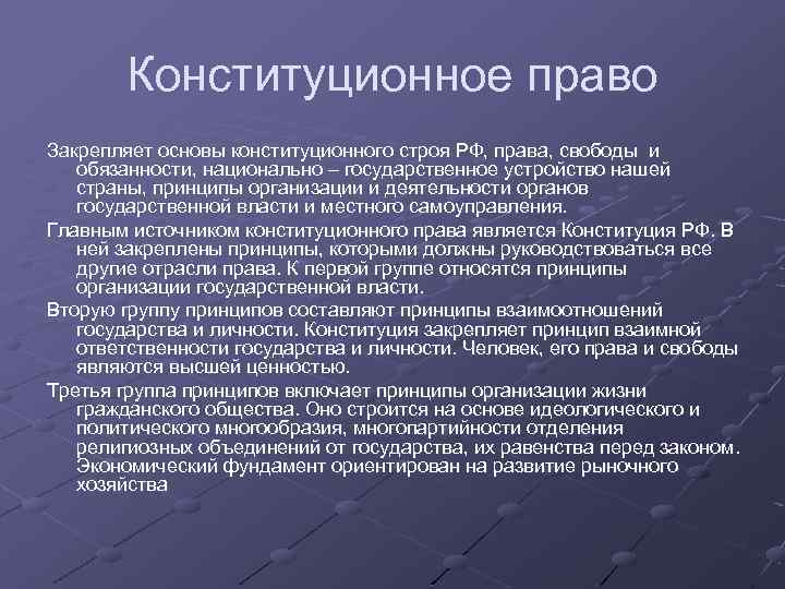 Конституционное право Закрепляет основы конституционного строя РФ, права, свободы и обязанности, национально – государственное