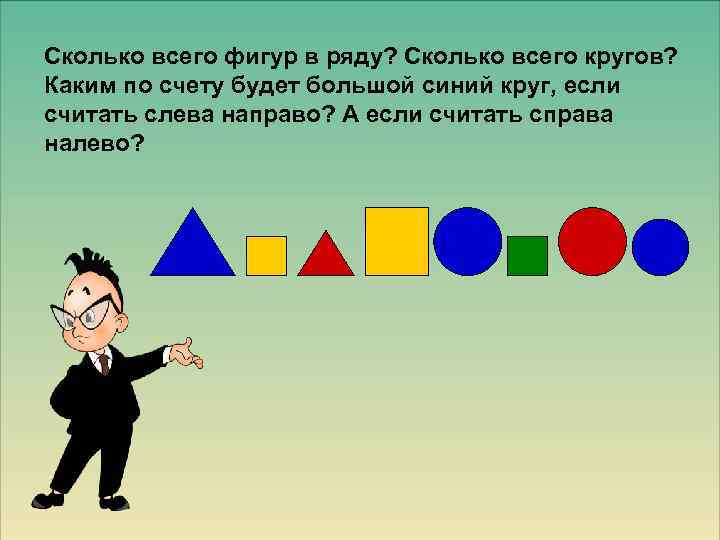 Сколько всего фигур в ряду? Сколько всего кругов? Каким по счету будет большой синий