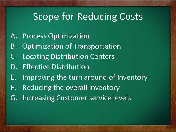 Scope for Reducing Costs A. B. C. D. E. F. G. Process Optimization of