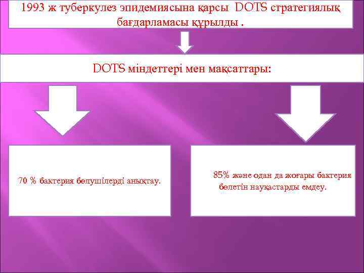 1993 ж туберкулез эпидемиясына қарсы DOTS стратегиялық бағдарламасы құрылды. DOTS міндеттері мен мақсаттары: 70