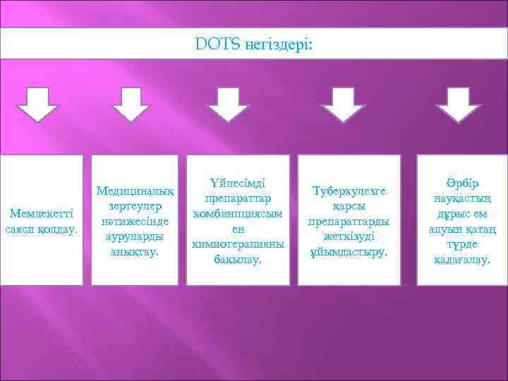 DOTS негіздері: Мемлекетті саяси қолдау. Медициналық зертеулер нәтижесінде ауруларды анықтау. Үйлесімді препараттар комбинпциясым ен