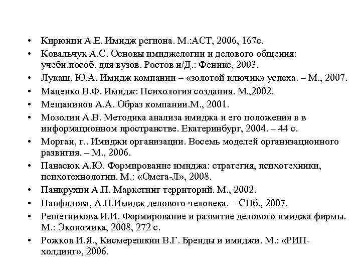 • Кирюнин А. Е. Имидж региона. М. : АСТ, 2006, 167 с. •