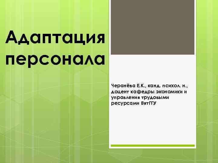 Адаптация персонала Черанёва Е. К. , канд. психол. н. , доцент кафедры экономики и