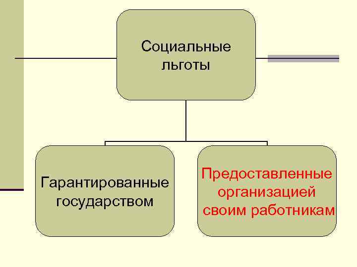 Социальные льготы Гарантированные государством Предоставленные организацией своим работникам 
