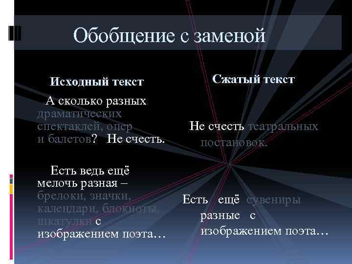 Обобщение с заменой Исходный текст Сжатый текст А сколько разных драматических спектаклей, опер и