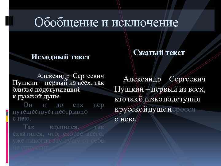 Обобщение и исключение Исходный текст Александр Сергеевич Пушкин – первый из всех, так близко