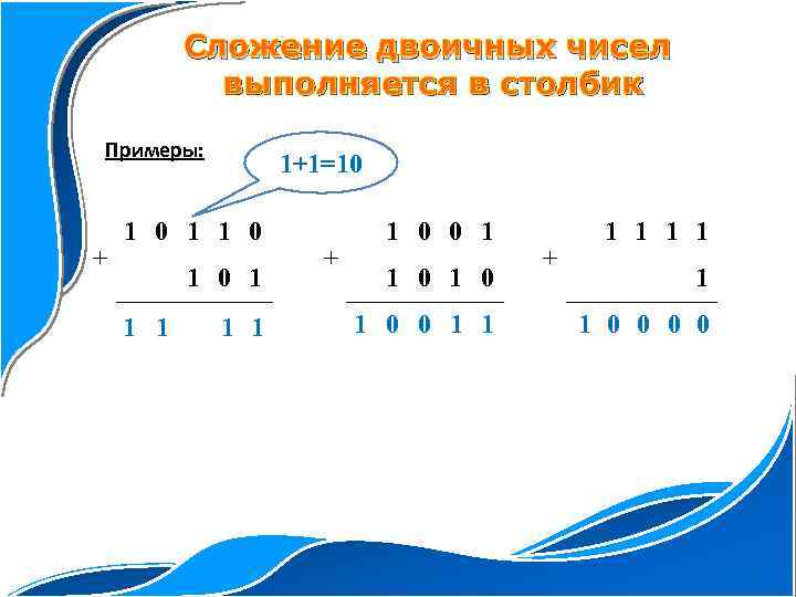 Сложение двоичных чисел выполняется в столбик Примеры: + 10 1+1=10 1 0 1 1