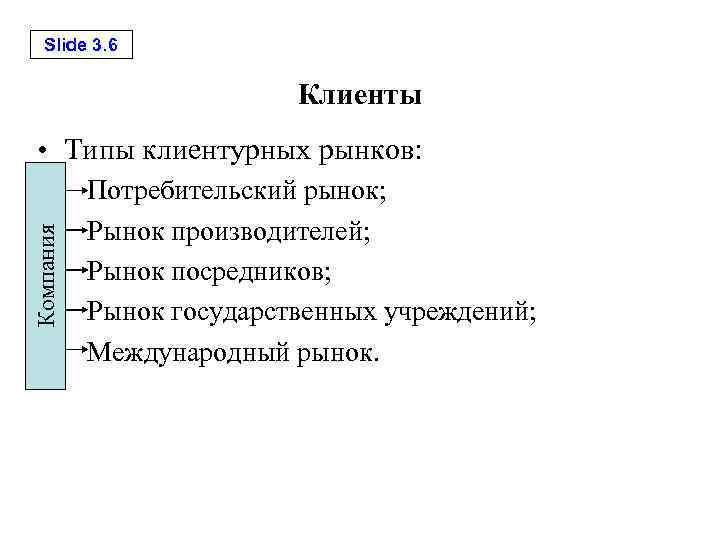 Slide 3. 6 Клиенты Компания • Типы клиентурных рынков: Потребительский рынок; Рынок производителей; Рынок