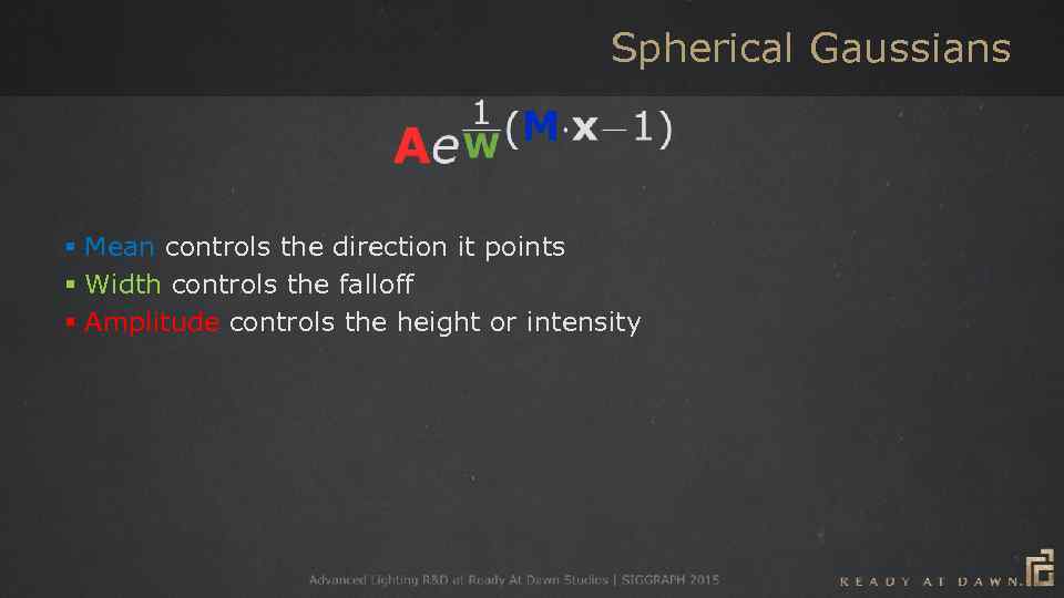 Spherical Gaussians § Mean controls the direction it points § Width controls the falloff